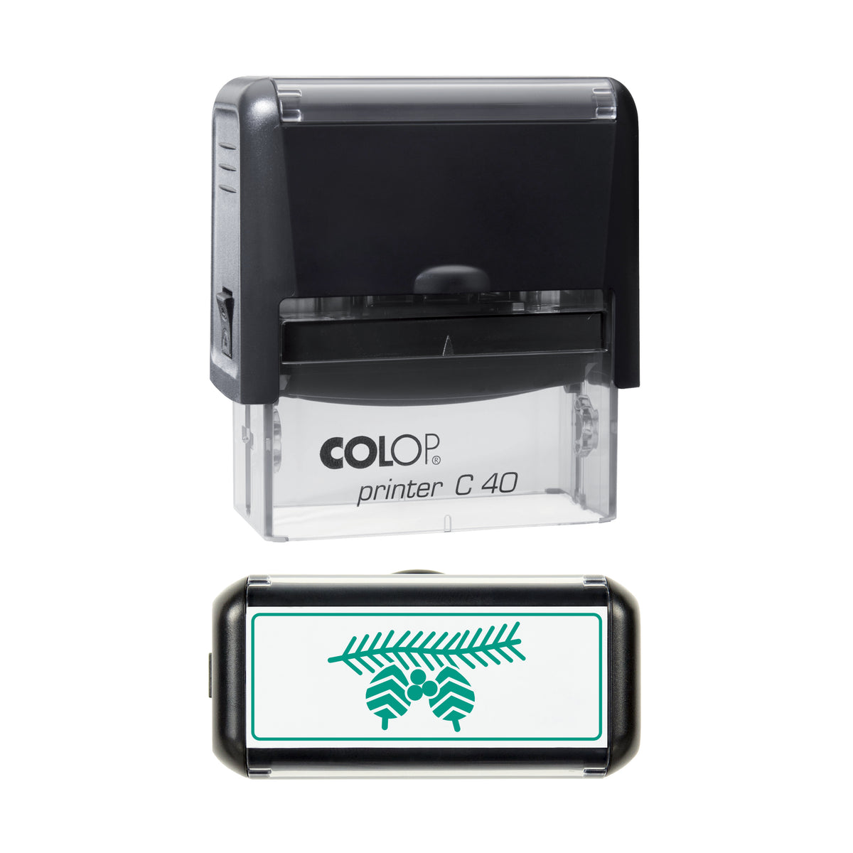 Pine Cone and Berry Sprig Christmas Art Stamp, COLOP C40, 58 x 22mm, green ink