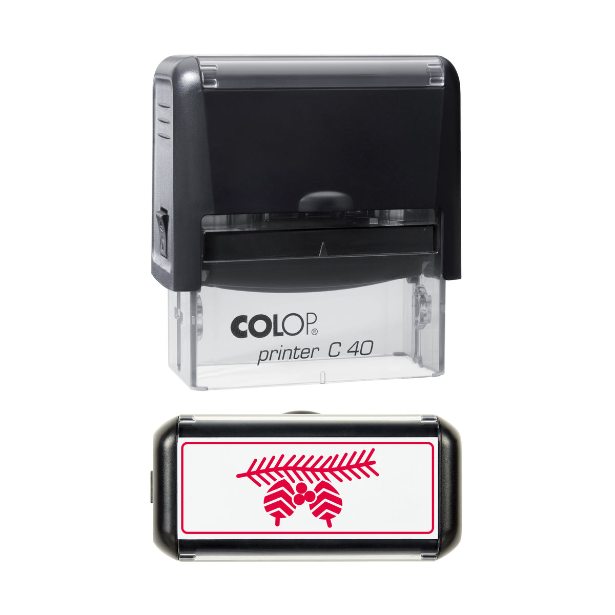 Pine Cone and Berry Sprig Christmas Art Stamp, COLOP C40, 58 x 22mm, red ink