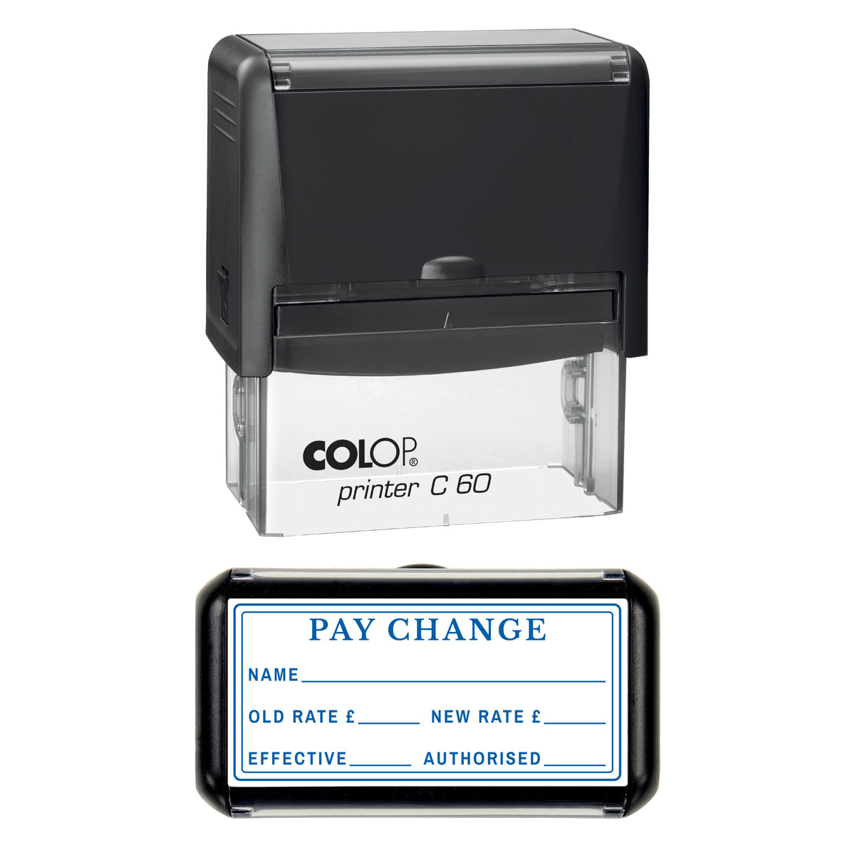 Stamp showing the Pay Change design, 77 x 36mm COLOP C60 self-inking stamp, blue ink