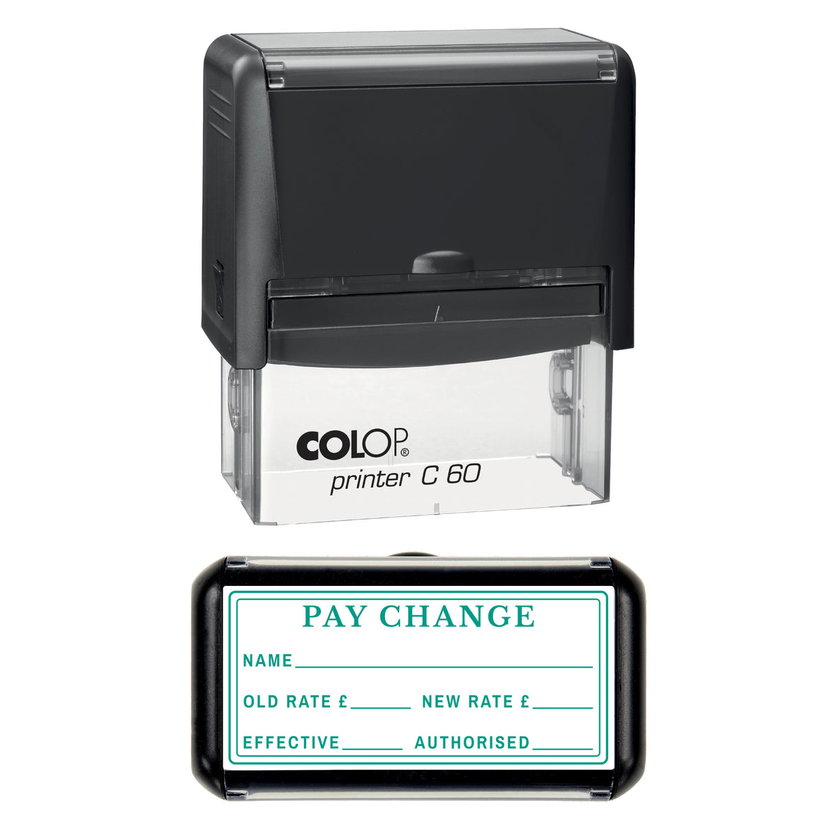 Stamp showing the Pay Change design, 77 x 36mm COLOP C60 self-inking stamp, green ink