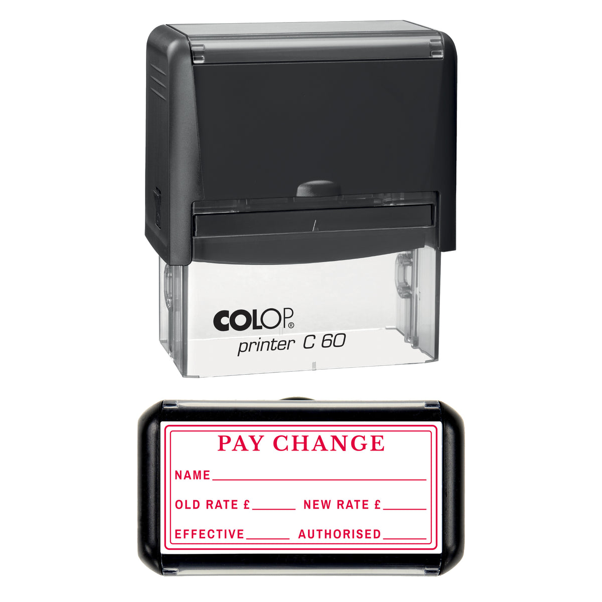 Stamp showing the Pay Change design, 77 x 36mm COLOP C60 self-inking stamp, red ink