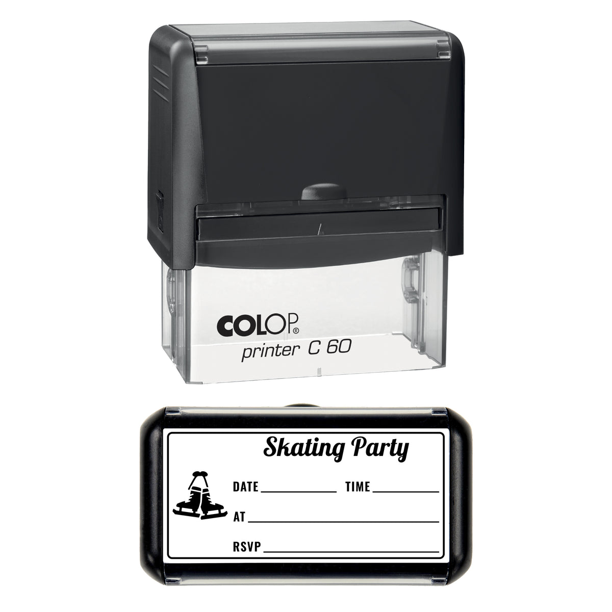 Christmas Skating Party Invitation Stamp, COLOP C60, 77 x 36mm, black ink