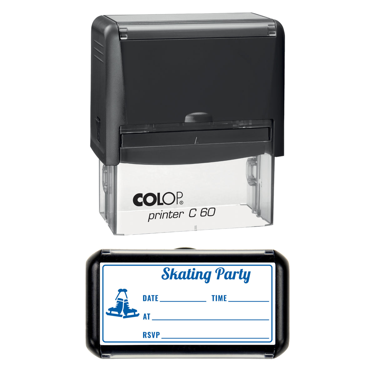 Christmas Skating Party Invitation Stamp, COLOP C60, 77 x 36mm, blue ink