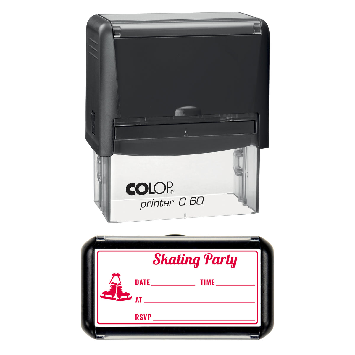 Christmas Skating Party Invitation Stamp, COLOP C60, 77 x 36mm, red ink
