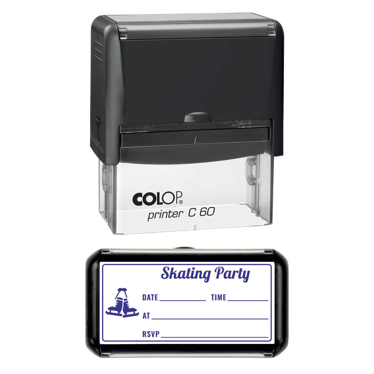 Christmas Skating Party Invitation Stamp, COLOP C60, 77 x 36mm, violet ink