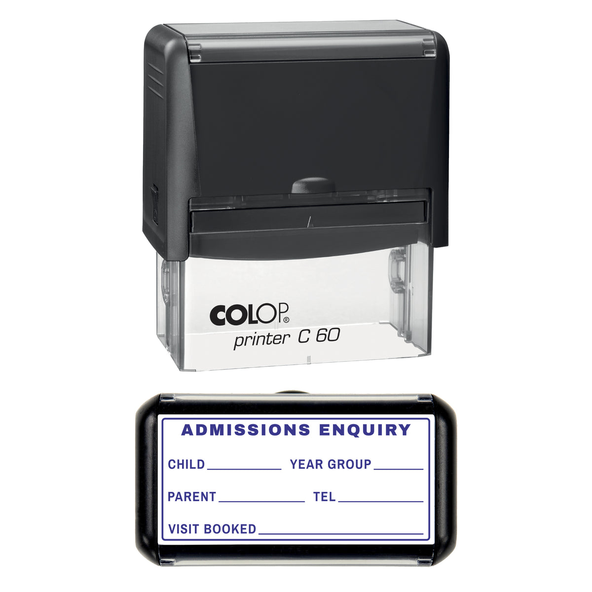 Stamp showing the Admissions Enquiry design, 77 x 36mm COLOP C60 self-inking stamp, violet ink