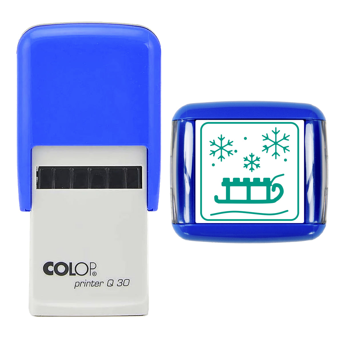 Vintage Sledge in Snow Christmas Art Stamp, COLOP Q30, 30 x 30mm, green ink