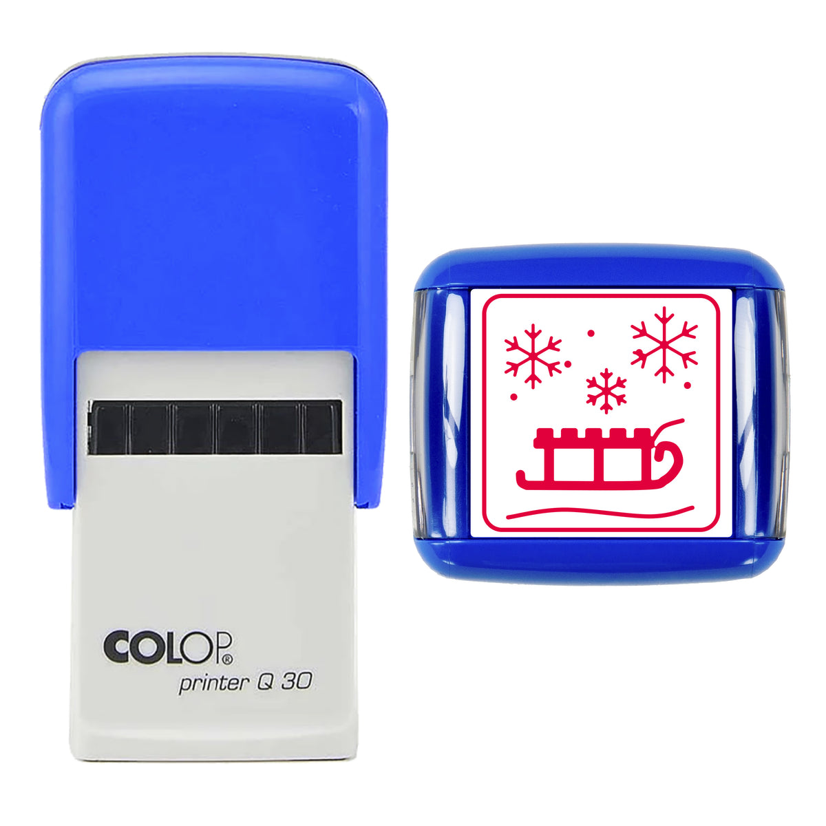 Vintage Sledge in Snow Christmas Art Stamp, COLOP Q30, 30 x 30mm, red ink