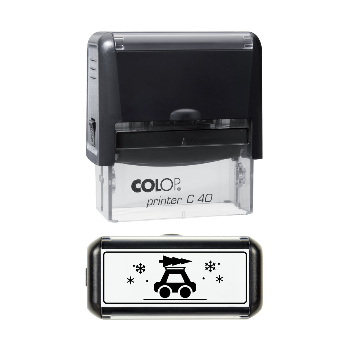 Car Carrying Christmas Tree Art Stamp, COLOP C40, 58 x 22mm, black ink