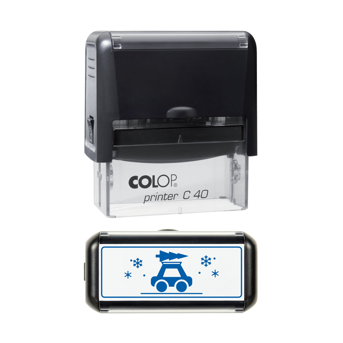 Car Carrying Christmas Tree Art Stamp, COLOP C40, 58 x 22mm, blue ink