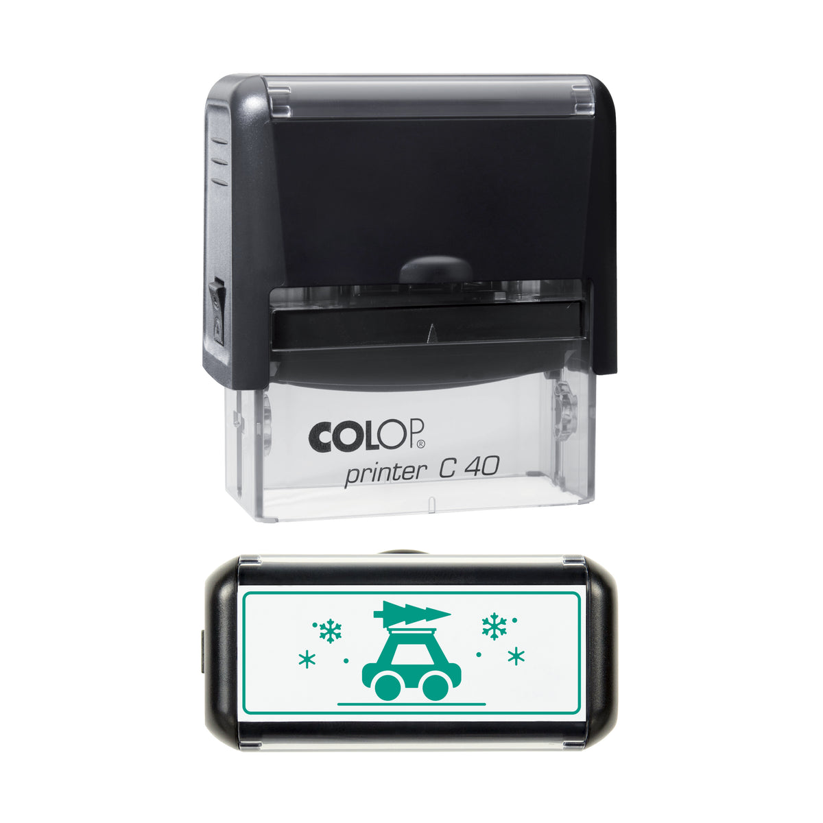 Car Carrying Christmas Tree Art Stamp, COLOP C40, 58 x 22mm, green ink