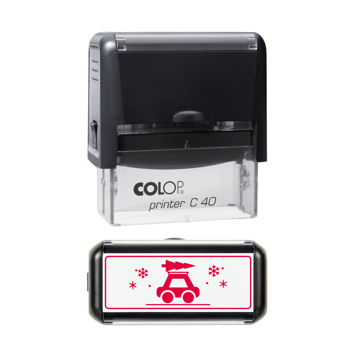 Car Carrying Christmas Tree Art Stamp, COLOP C40, 58 x 22mm, red ink