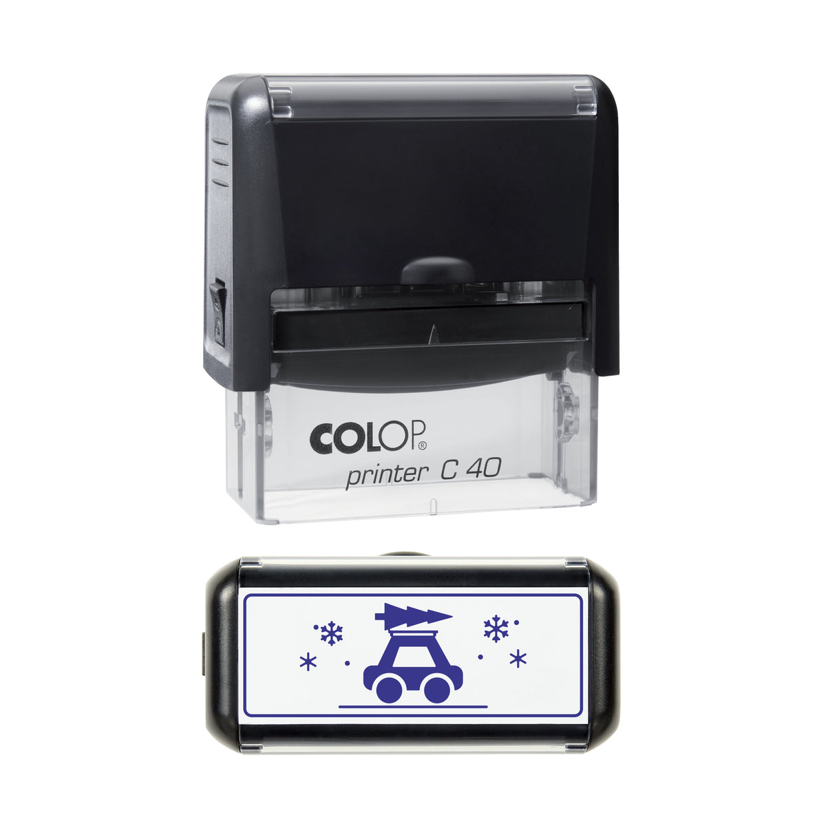 Car Carrying Christmas Tree Art Stamp, COLOP C40, 58 x 22mm, violet ink