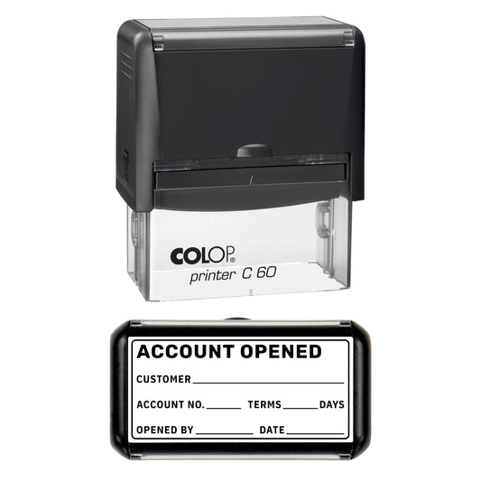 Stamp showing the Account Opened design, 77 x 36mm COLOP C60 self-inking stamp, black ink