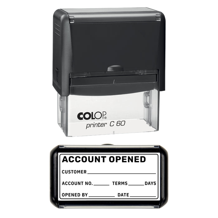 Stamp showing the Account Opened design, 77 x 36mm COLOP C60 self-inking stamp, black ink
