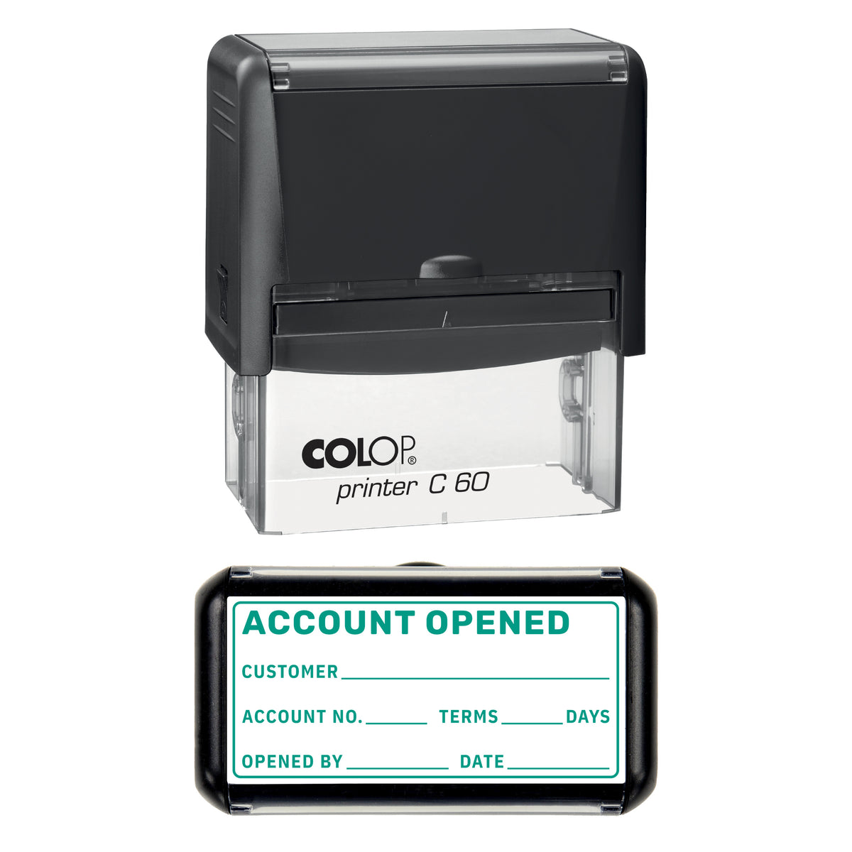 Stamp showing the Account Opened design, 77 x 36mm COLOP C60 self-inking stamp, green ink