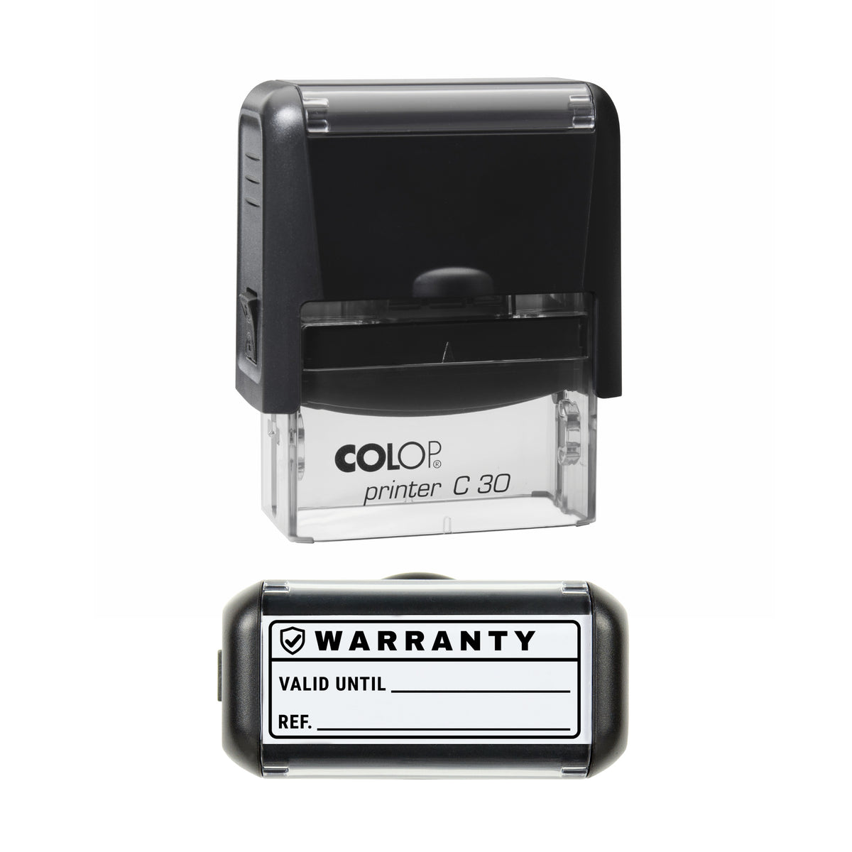 Warranty Valid Until Record Stamp, COLOP C30, 45 x 18mm, black ink