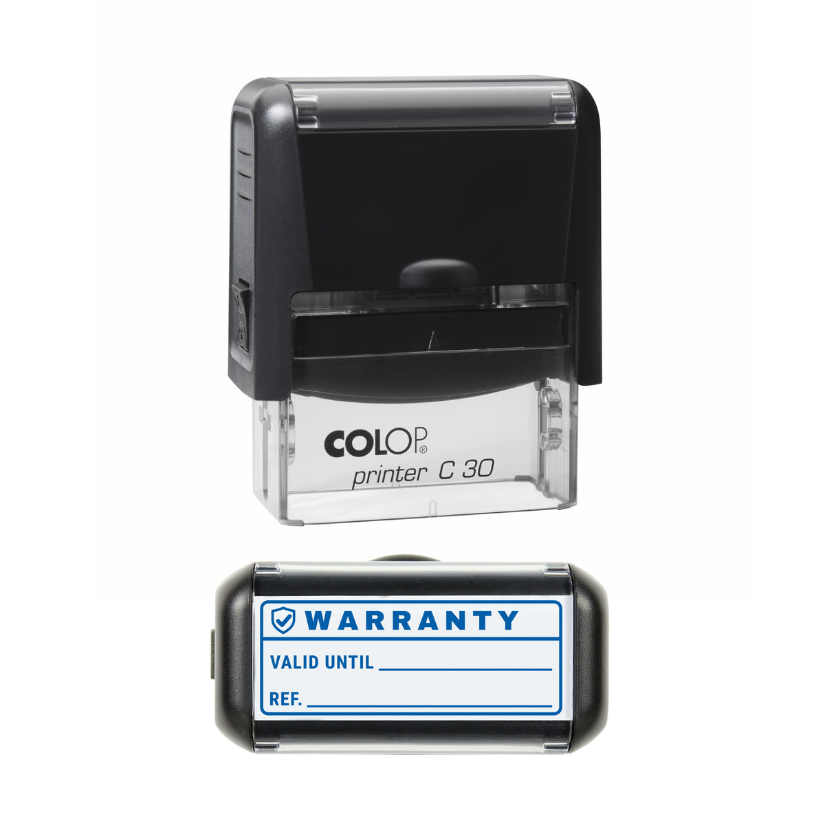 Warranty Valid Until Record Stamp, COLOP C30, 45 x 18mm, blue ink