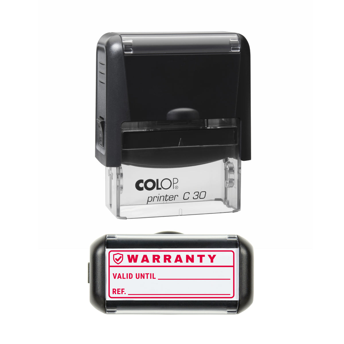 Warranty Valid Until Record Stamp, COLOP C30, 45 x 18mm, red ink