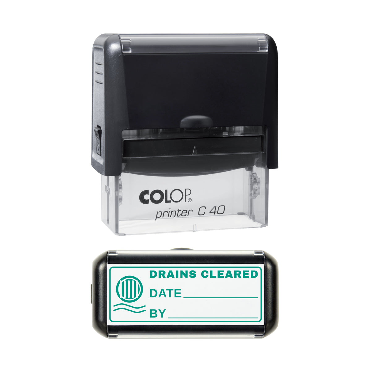 Drains Cleared Record Stamp, COLOP C40, 58 x 22mm, green ink