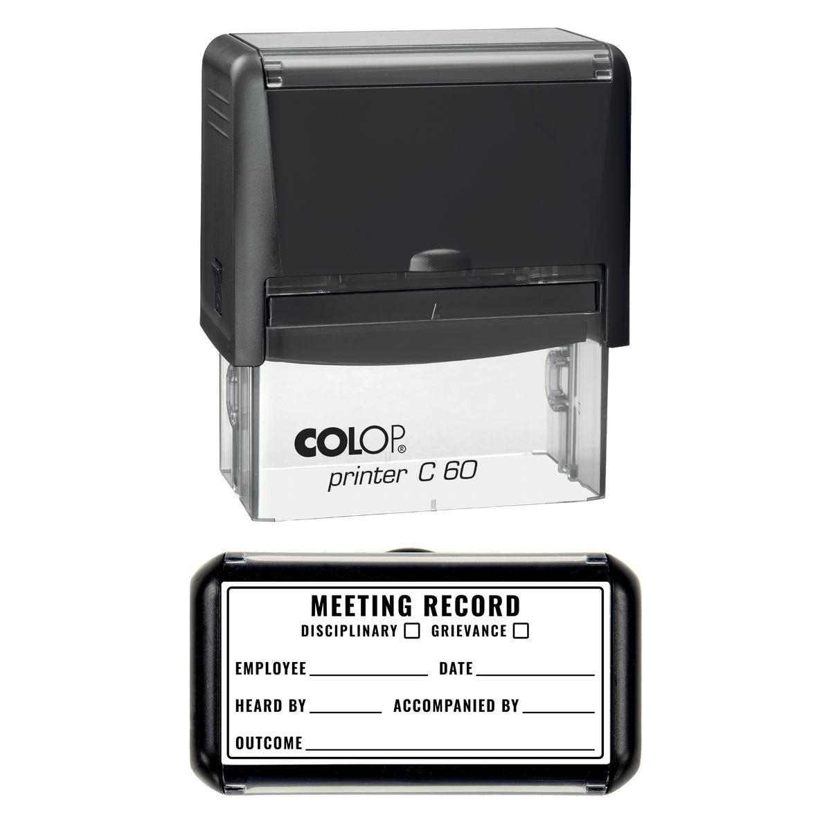 Stamp showing the Disciplinary and Grievance Meeting Record design, 77 x 36mm COLOP C60 self-inking stamp, black ink