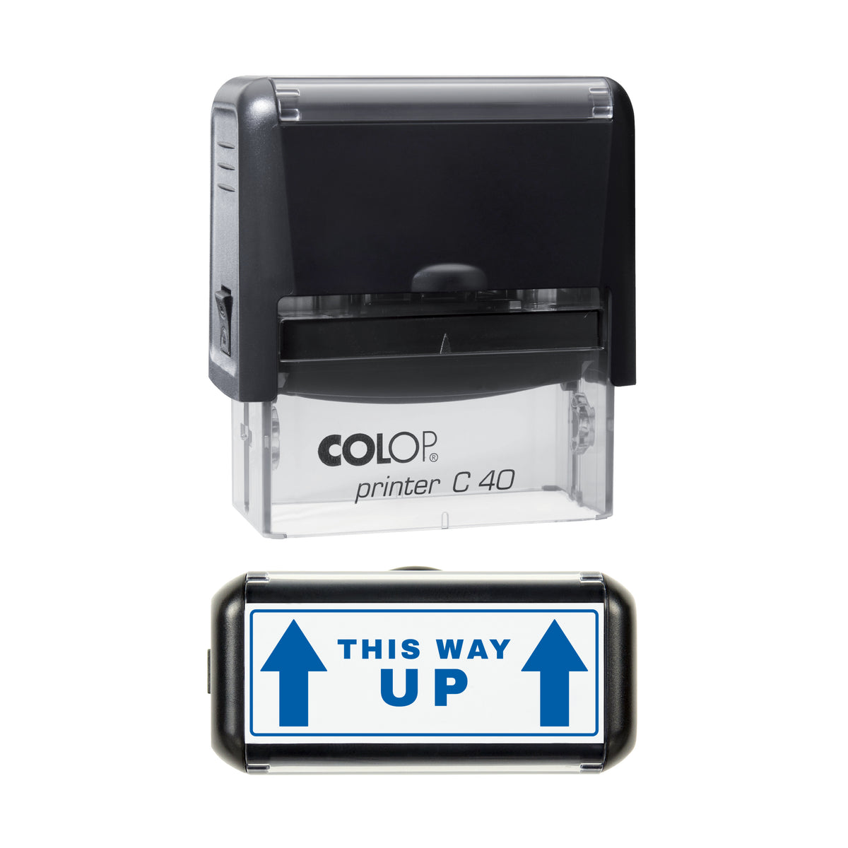 This Way Up Arrow Stamp, COLOP C40, 58 x 22mm, blue ink