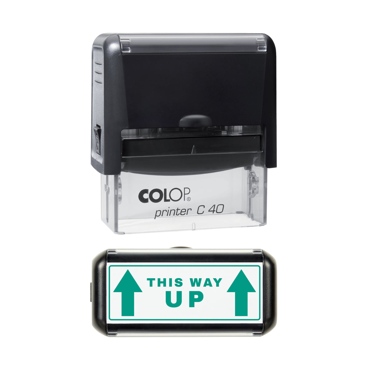 This Way Up Arrow Stamp, COLOP C40, 58 x 22mm, green ink