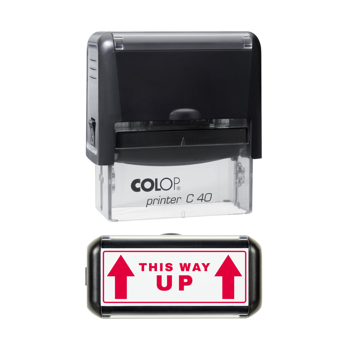 This Way Up Arrow Stamp, COLOP C40, 58 x 22mm, red ink