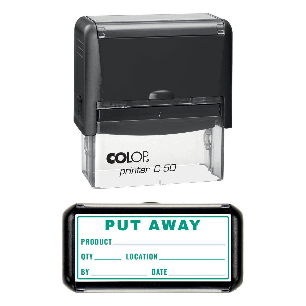 Stamp showing the Put Away design, 70 x 30mm COLOP C50 self-inking stamp, green ink