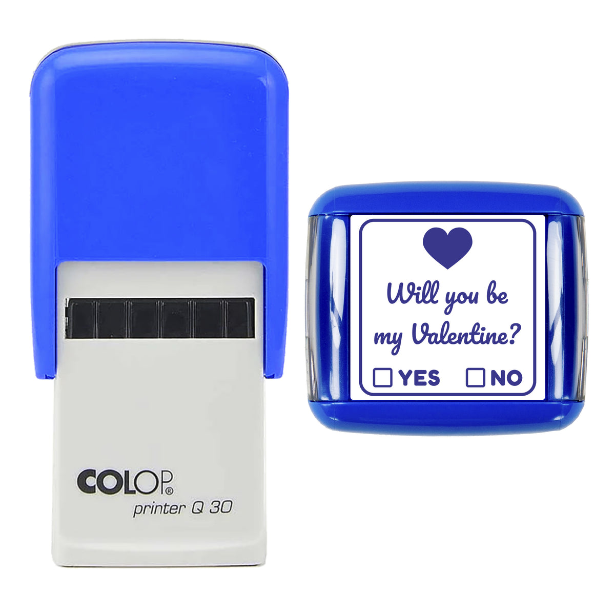 Will You Be My Valentine Stamp, COLOP Q30, 30 x 30mm, violet ink
