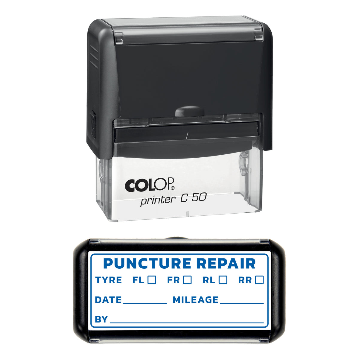 Stamp showing the Puncture Repair design, 70 x 30mm COLOP C50 self-inking stamp, blue ink