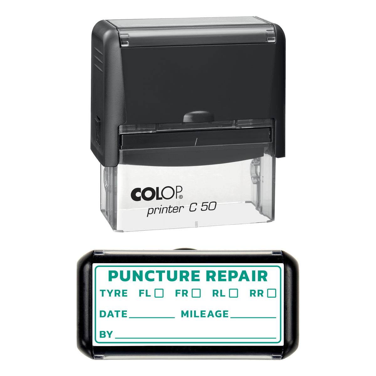 Stamp showing the Puncture Repair design, 70 x 30mm COLOP C50 self-inking stamp, green ink