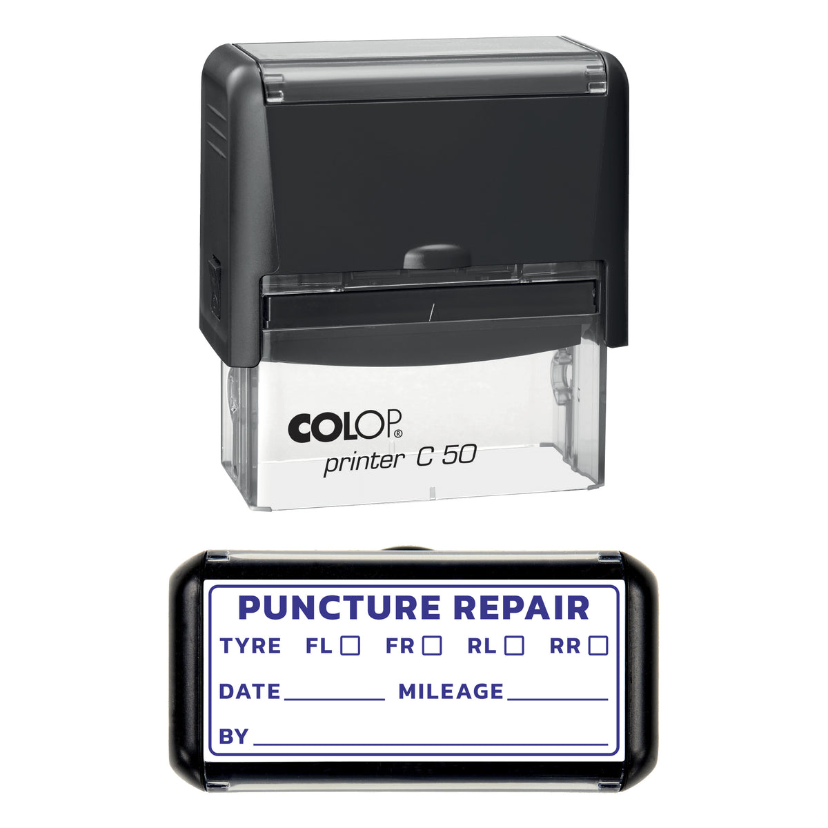 Stamp showing the Puncture Repair design, 70 x 30mm COLOP C50 self-inking stamp, violet ink