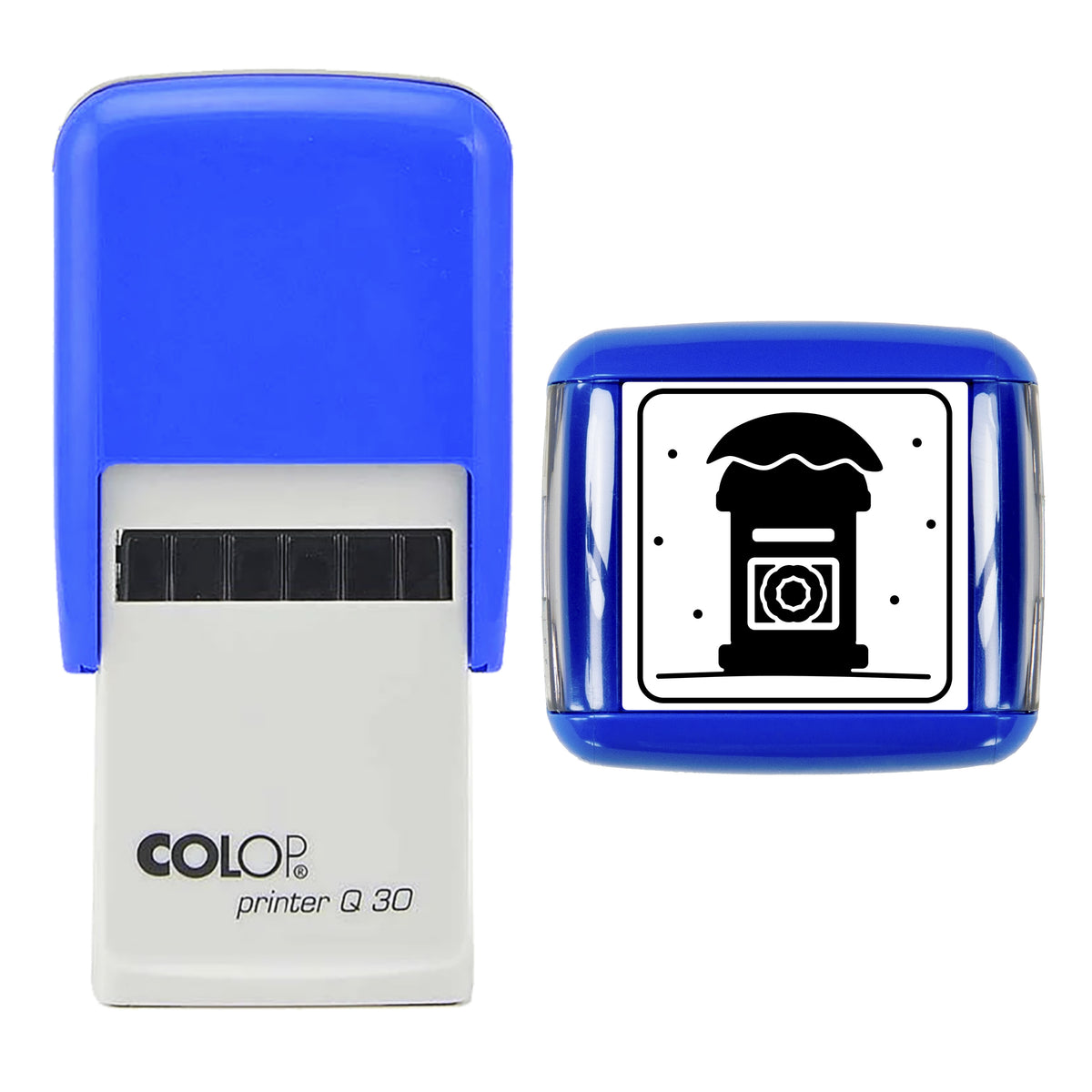 Stamp showing the Snowy Pillar Postbox Christmas design, 30 x 30mm COLOP Q30 self-inking stamp, black ink