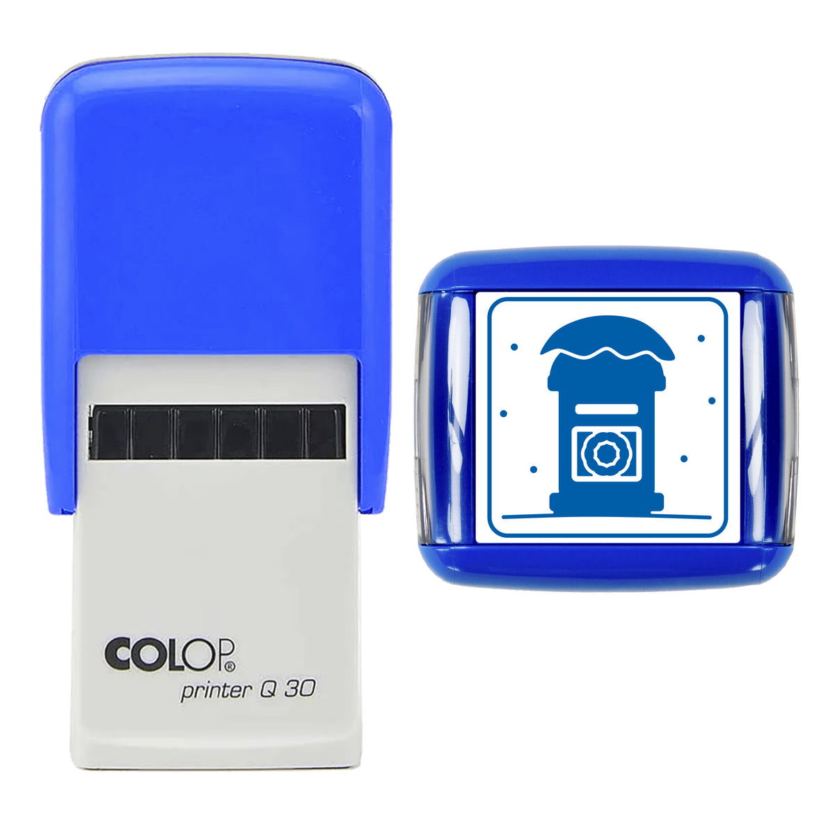 Stamp showing the Snowy Pillar Postbox Christmas design, 30 x 30mm COLOP Q30 self-inking stamp, blue ink