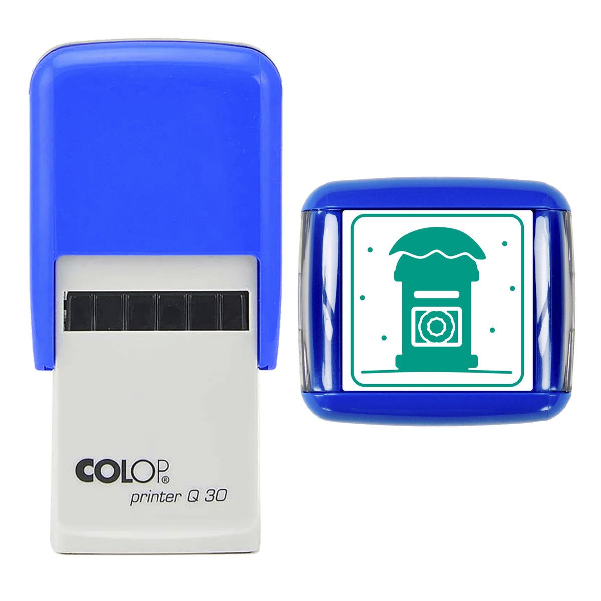 Stamp showing the Snowy Pillar Postbox Christmas design, 30 x 30mm COLOP Q30 self-inking stamp, green ink