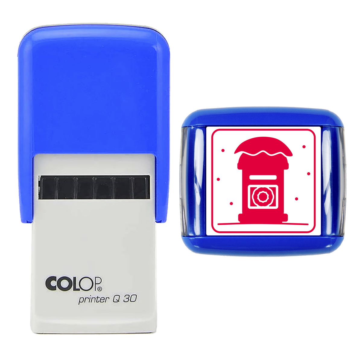 Stamp showing the Snowy Pillar Postbox Christmas design, 30 x 30mm COLOP Q30 self-inking stamp, red ink