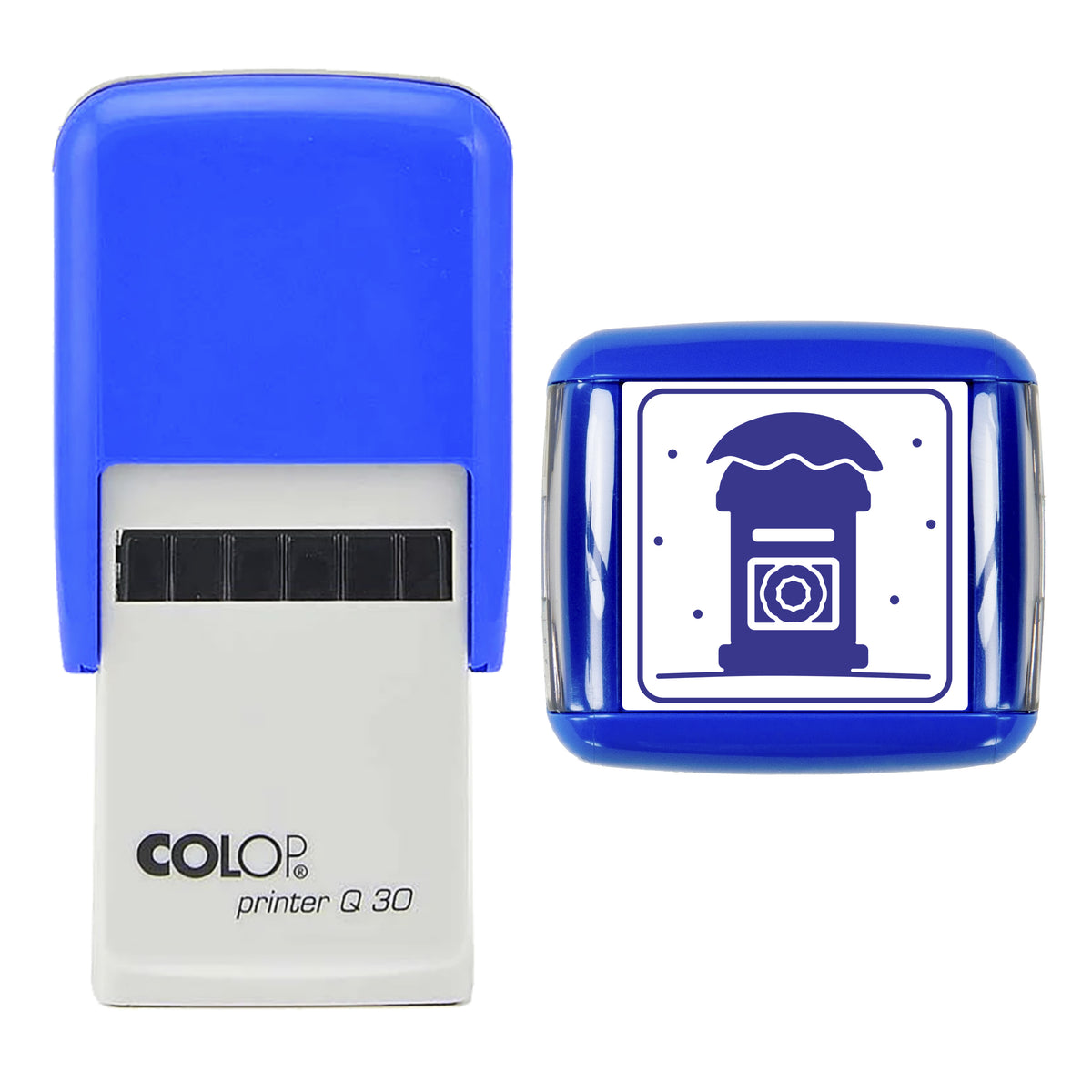 Stamp showing the Snowy Pillar Postbox Christmas design, 30 x 30mm COLOP Q30 self-inking stamp, violet ink