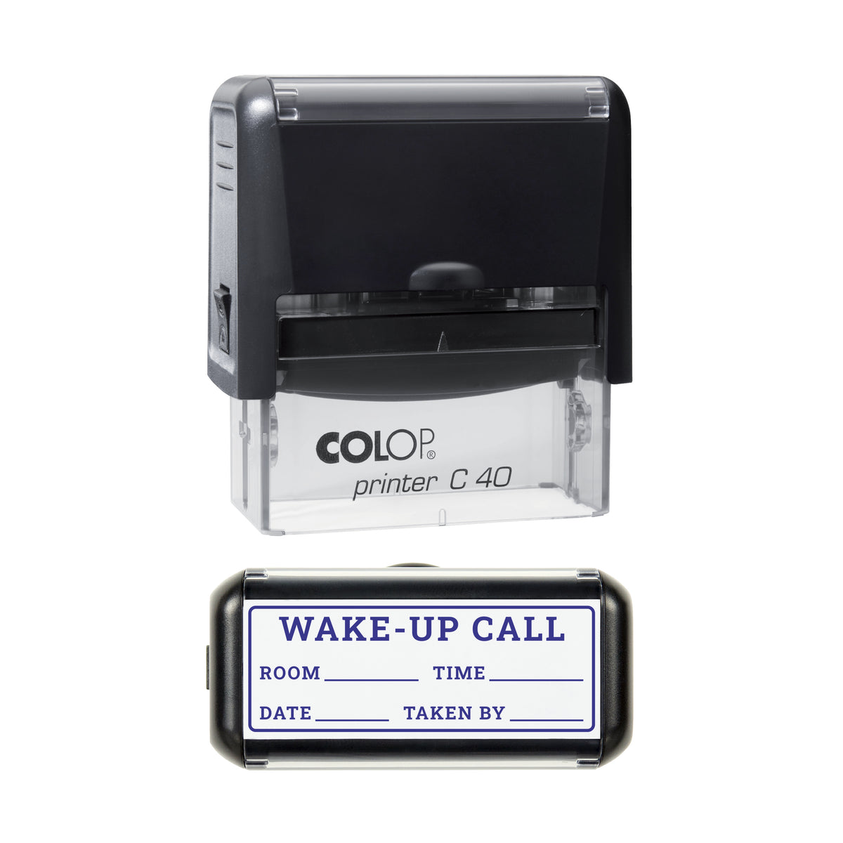 Stamp showing the Wake-Up Call design, 58 x 22mm COLOP C40 self-inking stamp, violet ink