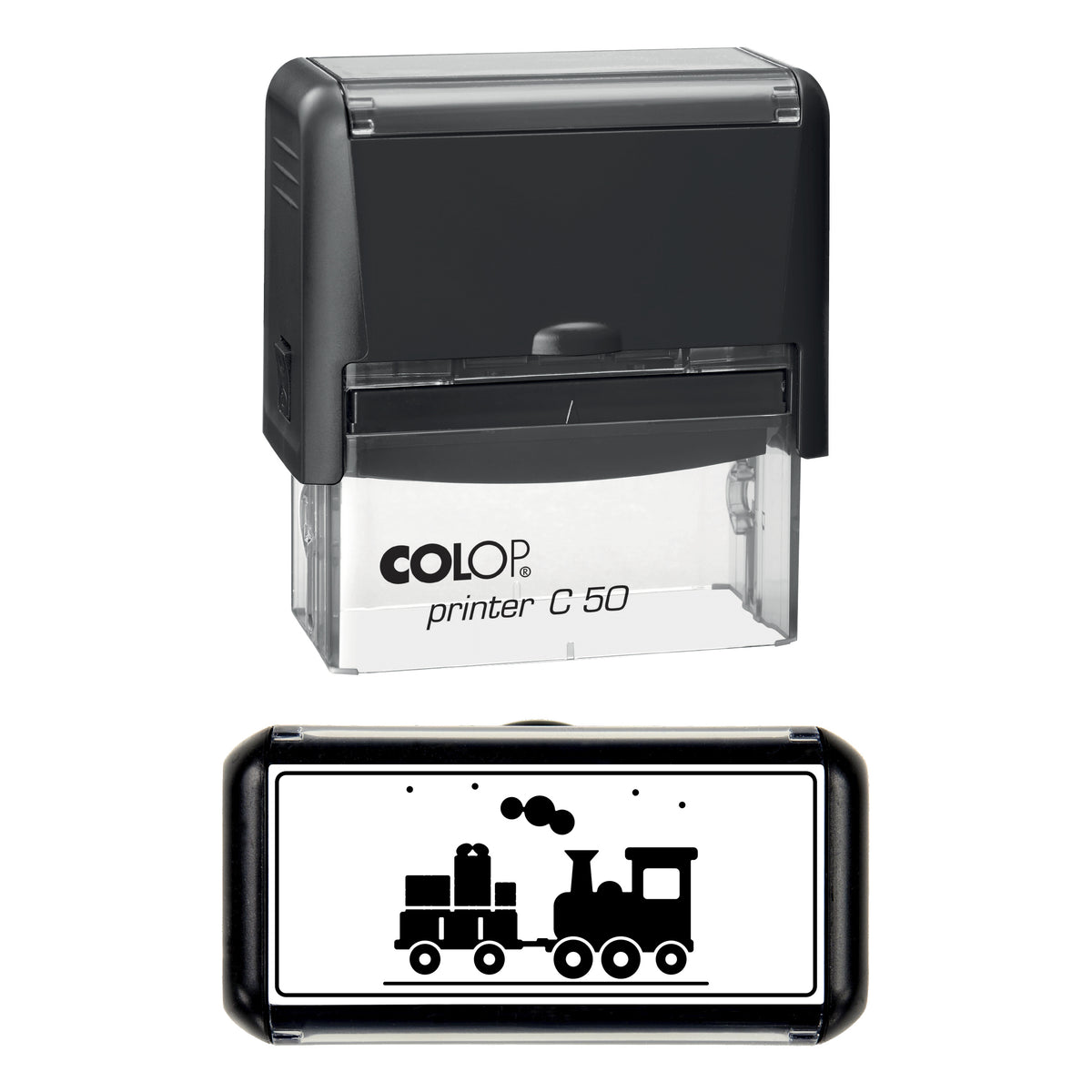 Stamp showing the Christmas Steam Train with Presents design, 70 x 30mm COLOP C50 self-inking stamp, black ink