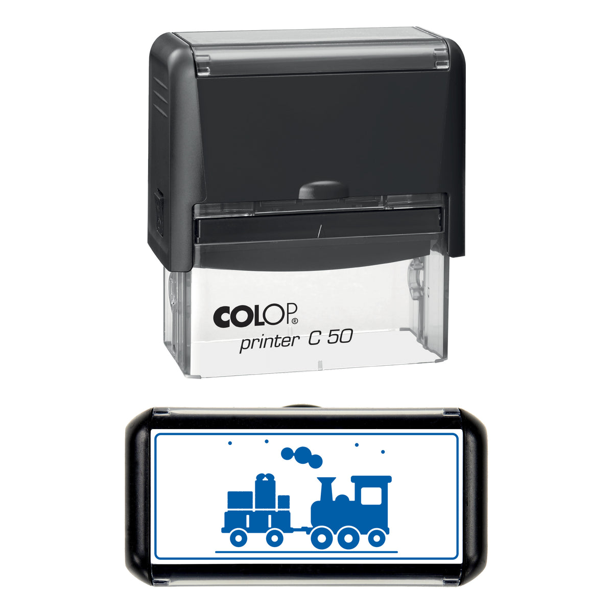 Stamp showing the Christmas Steam Train with Presents design, 70 x 30mm COLOP C50 self-inking stamp, blue ink