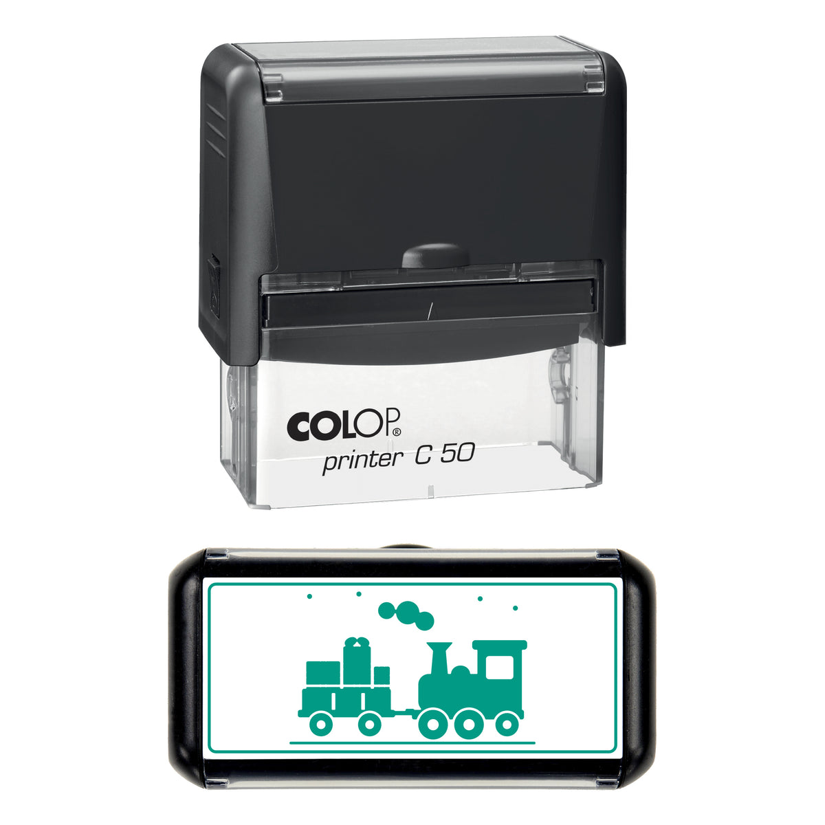 Stamp showing the Christmas Steam Train with Presents design, 70 x 30mm COLOP C50 self-inking stamp, green ink