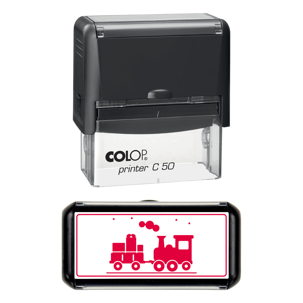 Stamp showing the Christmas Steam Train with Presents design, 70 x 30mm COLOP C50 self-inking stamp, red ink