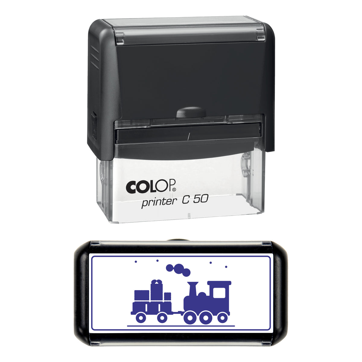 Stamp showing the Christmas Steam Train with Presents design, 70 x 30mm COLOP C50 self-inking stamp, violet ink