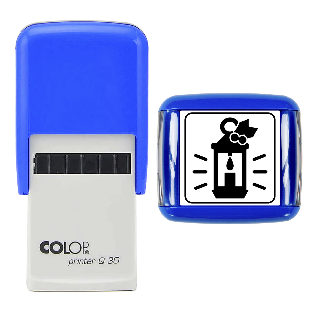 Stamp showing the Glowing Christmas Lantern design, 30 x 30mm COLOP Q30 self-inking stamp, black ink