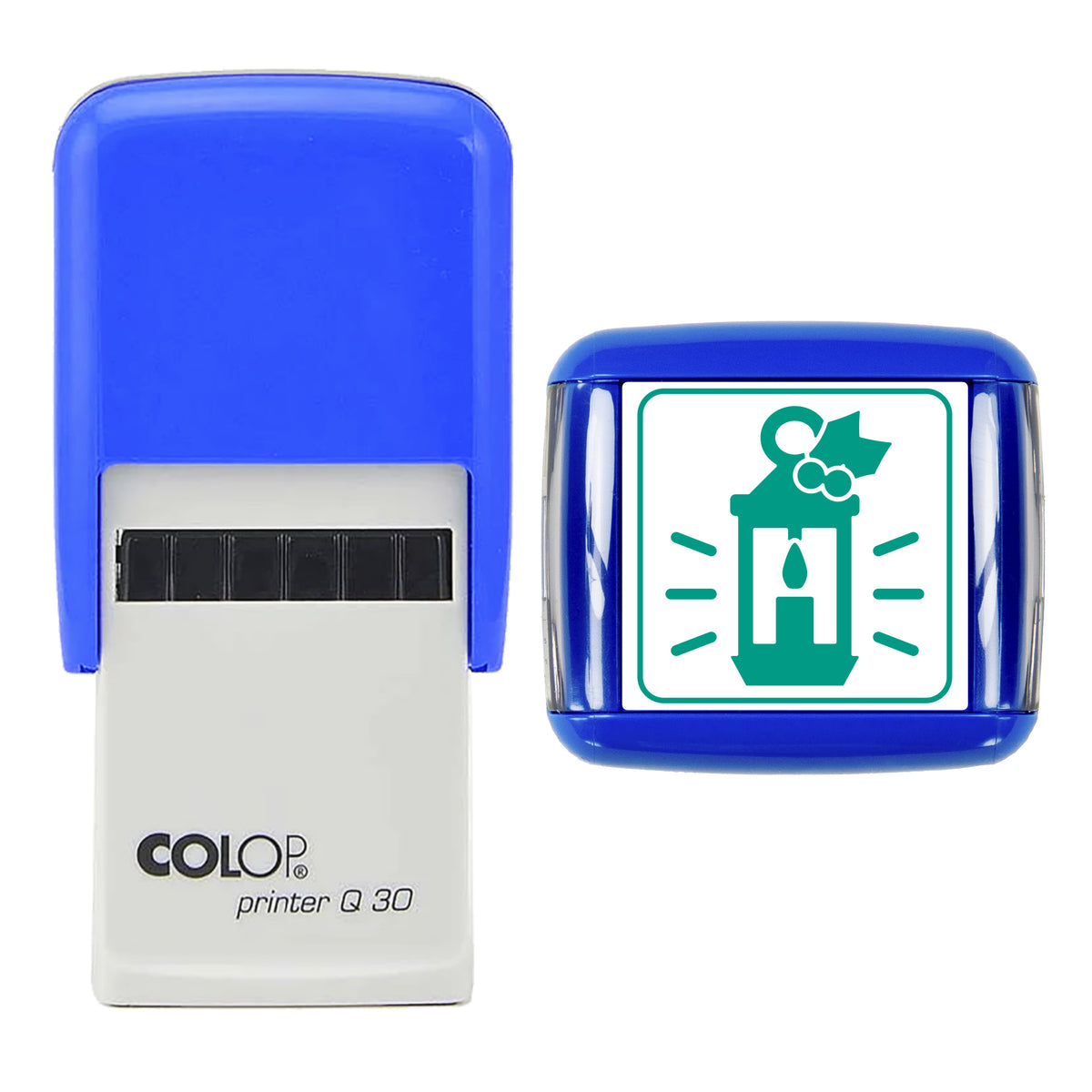 Stamp showing the Glowing Christmas Lantern design, 30 x 30mm COLOP Q30 self-inking stamp, green ink