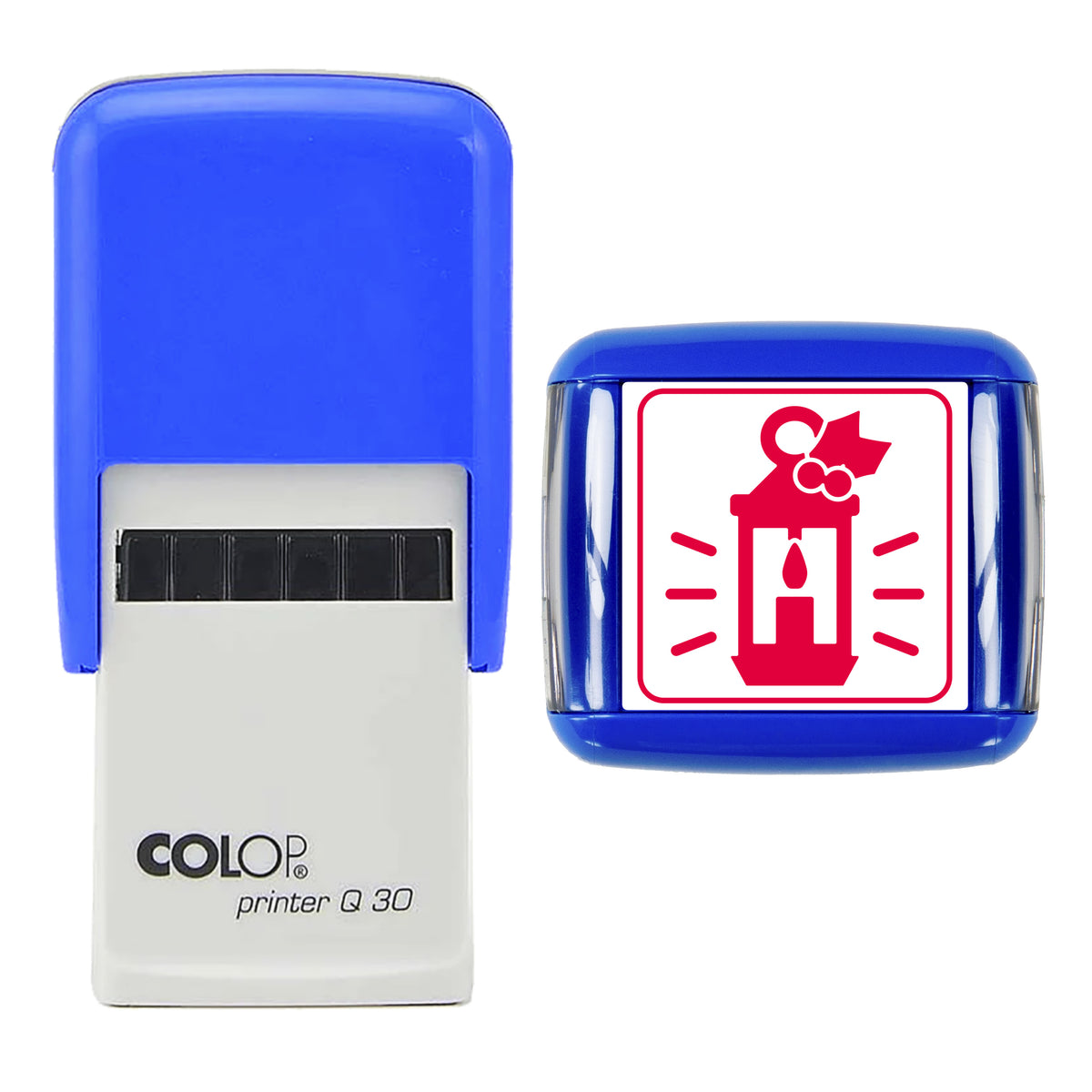 Stamp showing the Glowing Christmas Lantern design, 30 x 30mm COLOP Q30 self-inking stamp, red ink