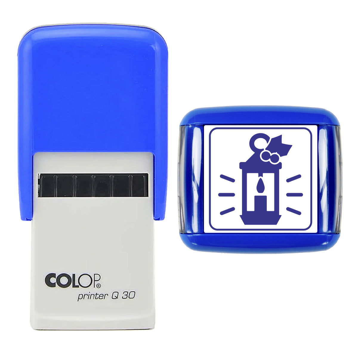 Stamp showing the Glowing Christmas Lantern design, 30 x 30mm COLOP Q30 self-inking stamp, violet ink