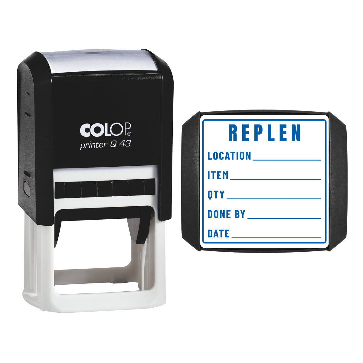 Stamp showing the Replenishment design, 43 x 43mm COLOP Q43 self-inking stamp, blue ink