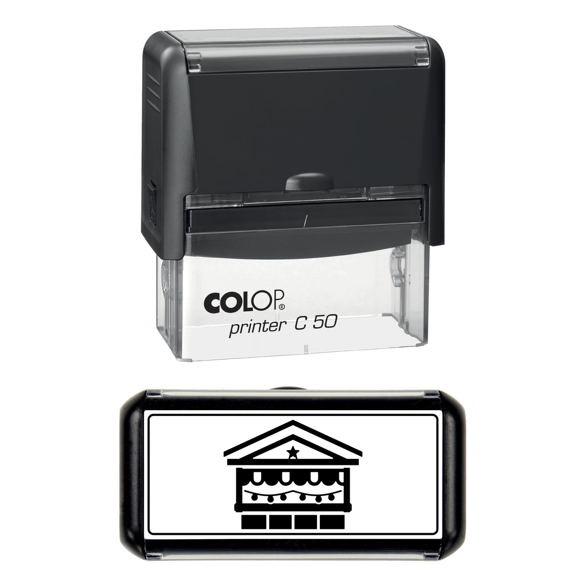 Stamp showing the Christmas Market Stall design, 70 x 30mm COLOP C50 self-inking stamp, black ink